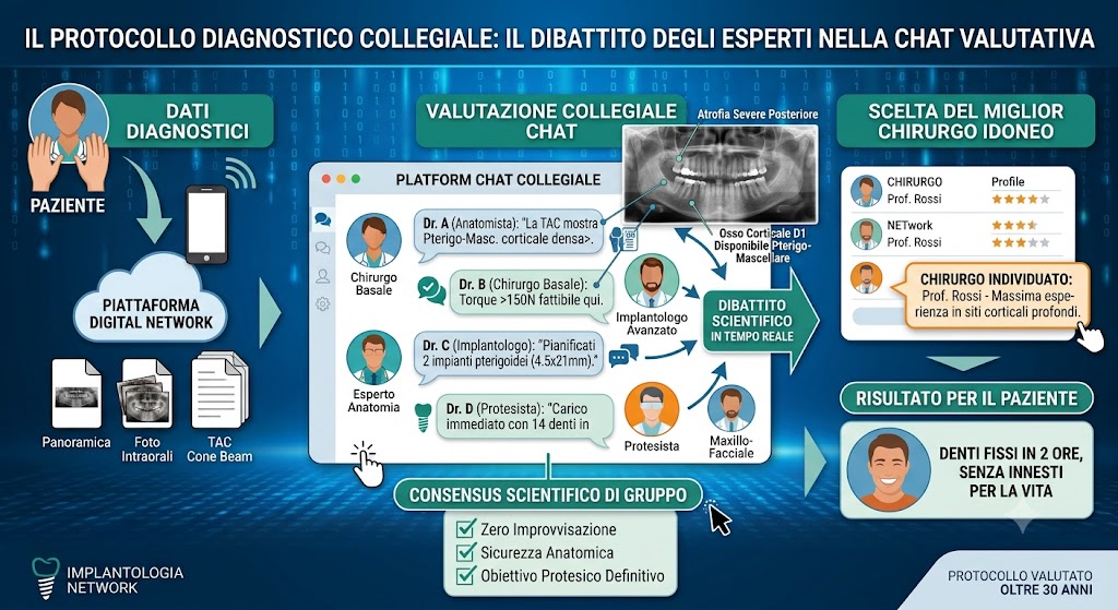 Immagine del protocollo collegiale una tchat di esperti implantologi che discutono sul tuo caso clinico, per dare diagnosi, cura e preventivo